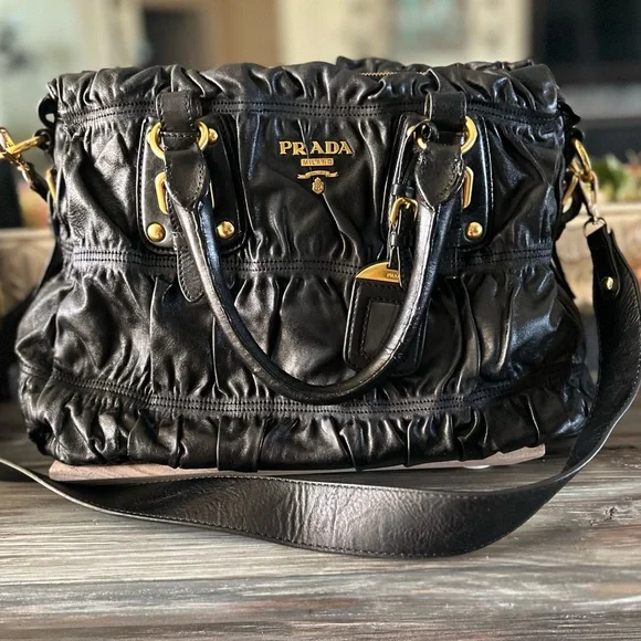 PRADA Ruched Gaufre Leather Top Handle Bag Crossbody Handbag Buttery Soft - Picture 17 of 17